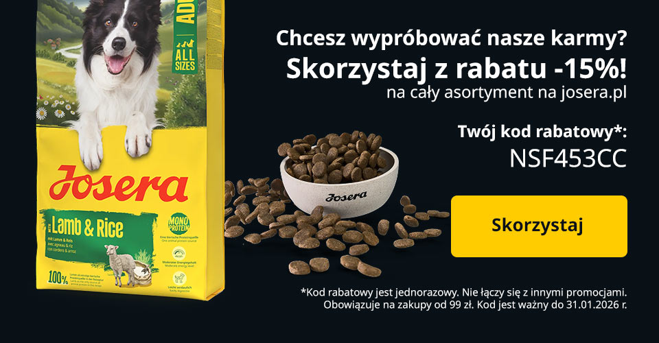 Josera - Chcesz wypróbować nasze karmy? Skorzystaj z rabatu -15%! na cały asortyment na josera.pl - Twój kod rabatowy*: NSF453CC - Skorzystaj
