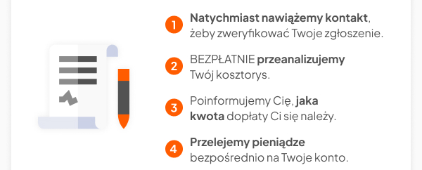 1. Natychmiast nawiążemy kontakt, żeby zweryfikować Twoje zgłoszenie. 2. Bezpłatnie przeanalizujemy Twój kosztorys, 3. Poinformujemy Cię, jaka kwota dopłaty Ci się należy. 4. Przelejemy pieniądze bezpośrednio na Twoje konto.