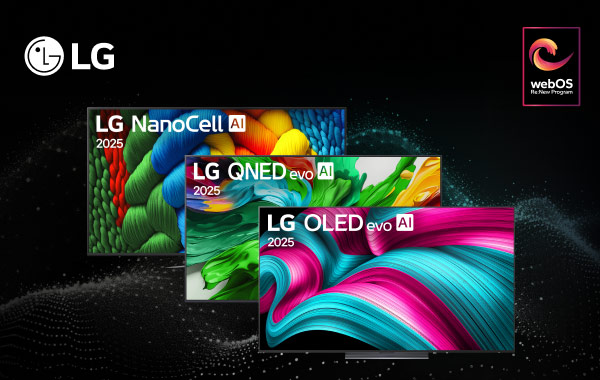 Trzy telewizory z kolorowymi wyświetlaczami, każdy z nich oznaczony jest jako LG z dodatkowymi opisami: NanoCell AI 2025, QNED evo AI 2025 oraz OLED evo AI 2025. W lewym górnym rogu widnieje logo LG, a w prawym górnym rogu znajduje się logo webOS.