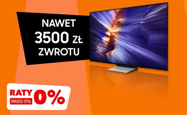 Telewizor z dynamiczną grafiką w odcieniach fioletu i pomarańczowego. Obok widnieje prostokąt z napisem: Nawet 3500 zł zwrotu, a poniżej na białym tle napis: Raty 0% RRSO 0%.