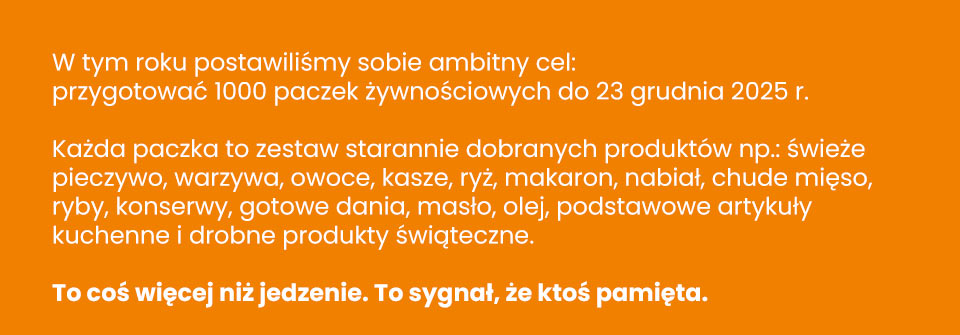 Stowarzyszenie Poranek - W tym roku postawiliśmy sobie ambitny cel: przygotować 1000 paczek żywnościowych do 23 grudnia 2025 r. Każda paczka to zestaw starannie dobranych produktów: świeże pieczywo, warzywa, owoce, kasze, ryż, makaron, nabiał, chude mięso, ryby, konserwy, gotowe dania, masło, olej, podstawowe artykuły kuchenne i drobne produkty świąteczne. To coś więcej niż jedzenie. To sygnał, że ktoś pamięta.