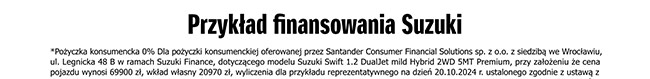 Przykład finansowania Suzuki: *Pożyczka konsumencka 0% Dla pożyczki konsumenckiej oferowanej przez Santander Consumer Financial Solutions sp. z o.o. z siedzibą we Wrocławiu, ul. Legnicka 48 B w ramach Suzuki Finance, dotyczącego modelu Suzuki Swift 1.2..